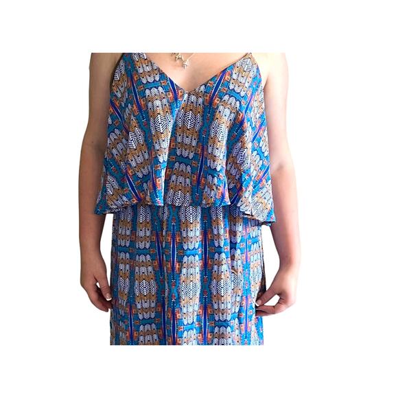 LEYDEN Womens DRESS MED Spaghetti Strap Tiered Bodice Lined V-Neck Blue White - Picture 4 of 9